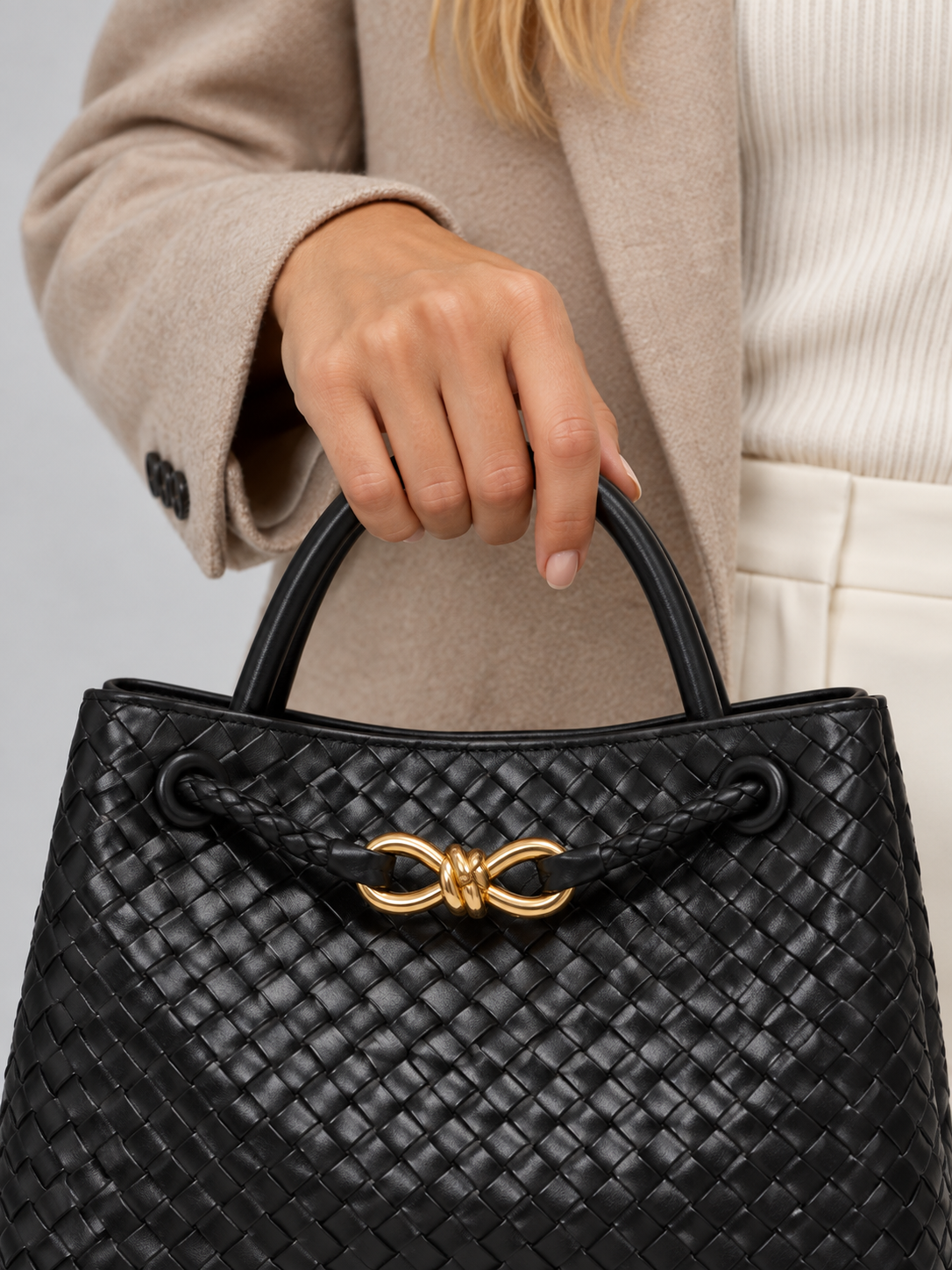 Women's Woven Tote Bag | Gold Detail Vegan Leather Handbag