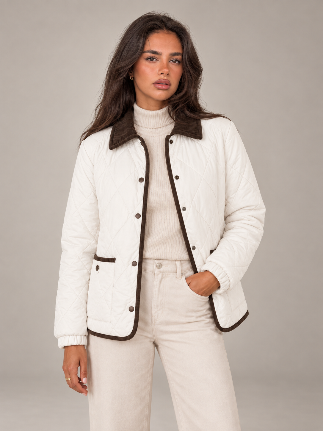 Women's Quilted Jacket | Corduroy Collar Contrast Trim Coat