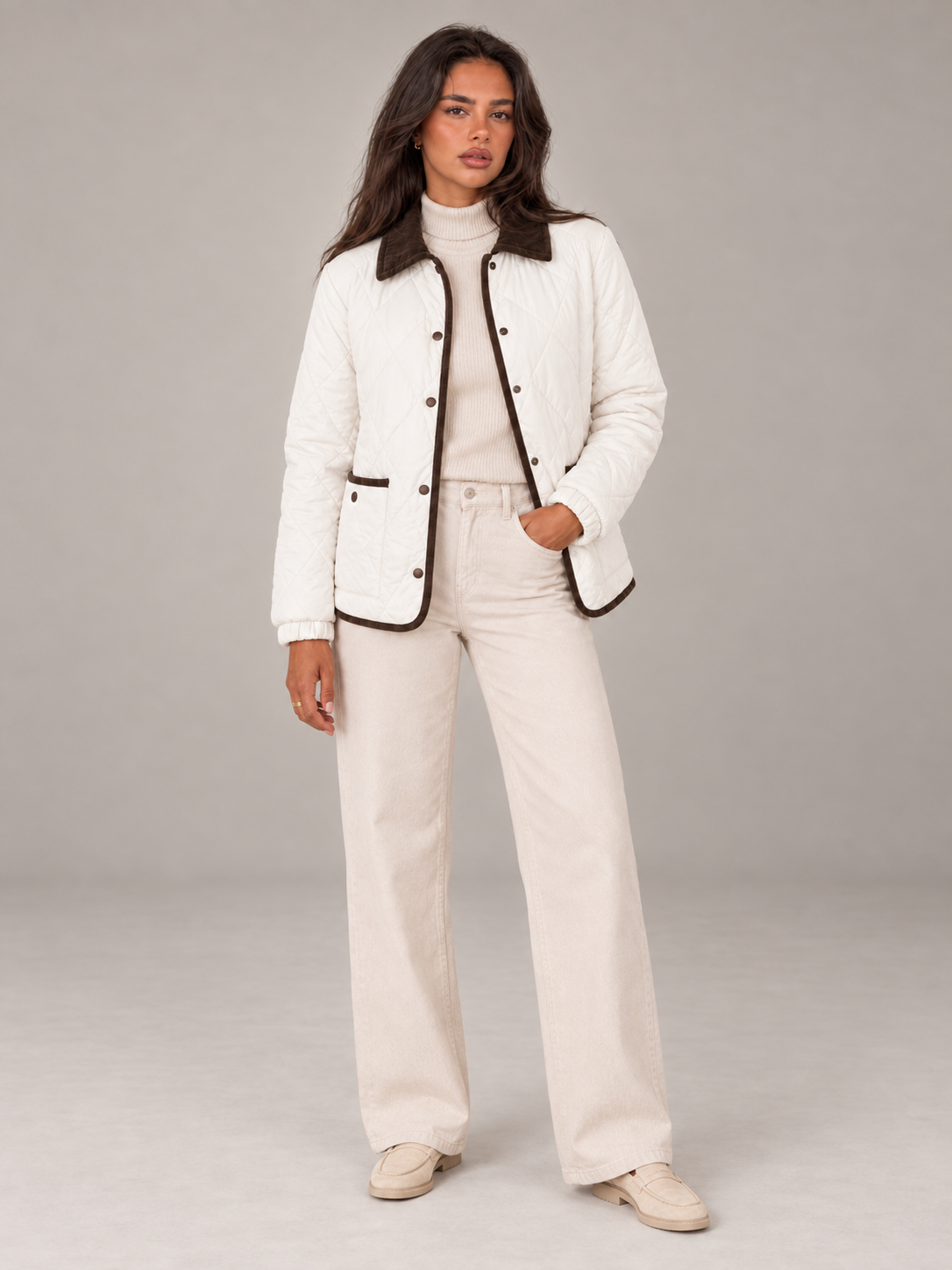 Women's Quilted Jacket | Corduroy Collar Contrast Trim Coat