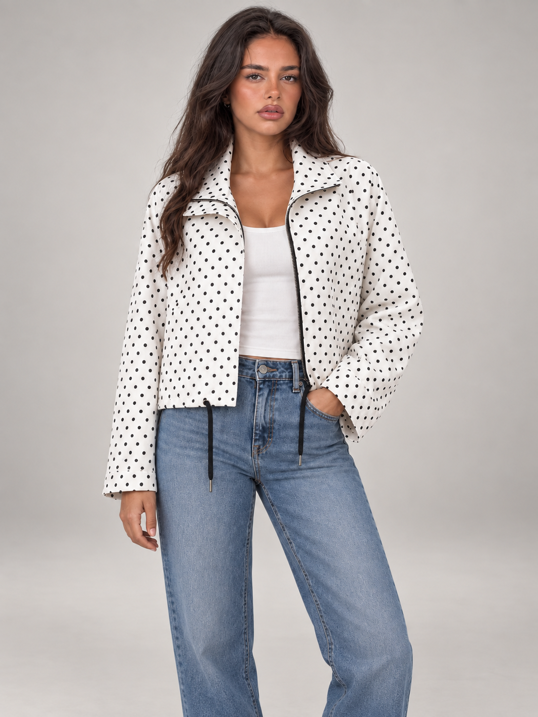 Women's Polka Dot Lightweight Jacket | Drawstring Casual Coat