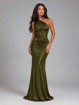 One Shoulder Satin Feel Maxi Dress Wedding Guest