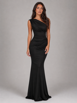 One Shoulder Satin Feel Maxi Dress Wedding Guest