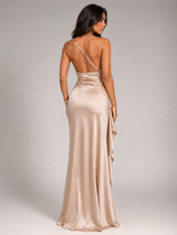 Satin Feel One Shoulder High Split Maxi Dress Evening Women