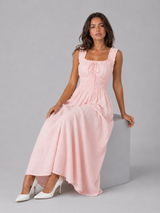 Floral Textured Shirred Waist Midi Dress Summer Women