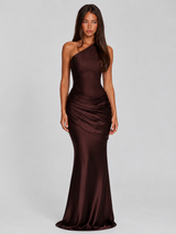 One Shoulder Draped Satin Maxi Dress Evening Women