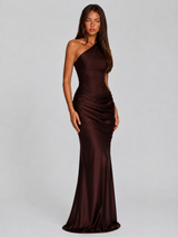 One Shoulder Draped Satin Maxi Dress Evening Women