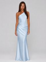 One Shoulder Draped Satin Maxi Dress Evening Women