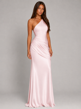 One Shoulder Draped Satin Maxi Dress Evening Women
