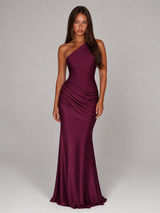 One Shoulder Draped Satin Maxi Dress Evening Women