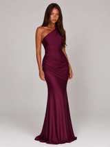 One Shoulder Draped Satin Maxi Dress Evening Women