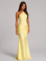 One Shoulder Draped Satin Maxi Dress Evening Women