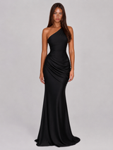 One Shoulder Draped Satin Maxi Dress Evening Women
