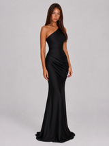One Shoulder Draped Satin Maxi Dress Evening Women