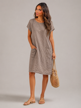 Linen Short Sleeve Pocket Midi Dress Summer Women