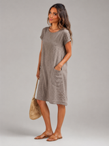 Linen Short Sleeve Pocket Midi Dress Summer Women