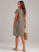 Linen Short Sleeve Pocket Midi Dress Summer Women