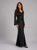 Satin Feel Long Sleeve Maxi Dress Wedding Guest