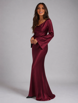 Satin Feel Long Sleeve Maxi Dress Wedding Guest