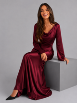 Satin Feel Long Sleeve Maxi Dress Wedding Guest