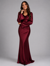 Satin Feel Long Sleeve Maxi Dress Wedding Guest