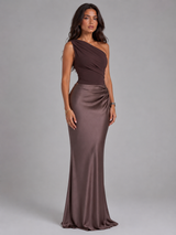 One Shoulder Satin Feel Maxi Dress Wedding Guest