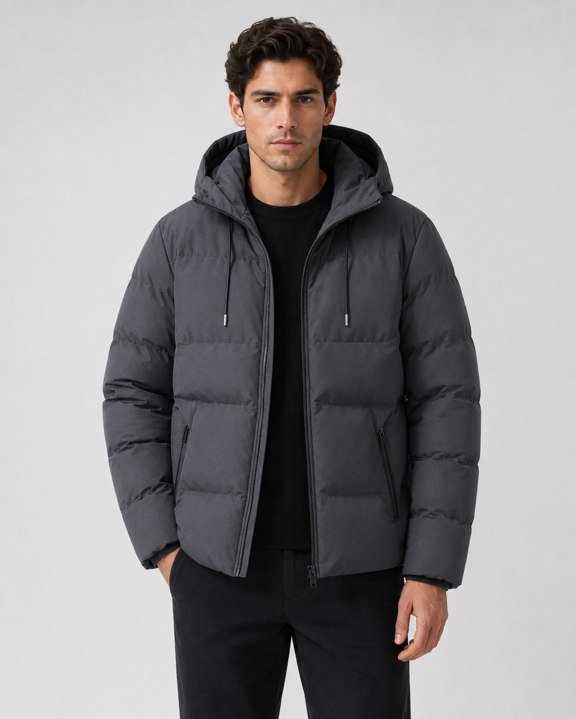Men's Winter Puffer Jacket With Drawstring Hood & Zip Pockets