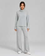 Women's Ribbed Knitted Co-Ord Set With Wide-Leg Trousers