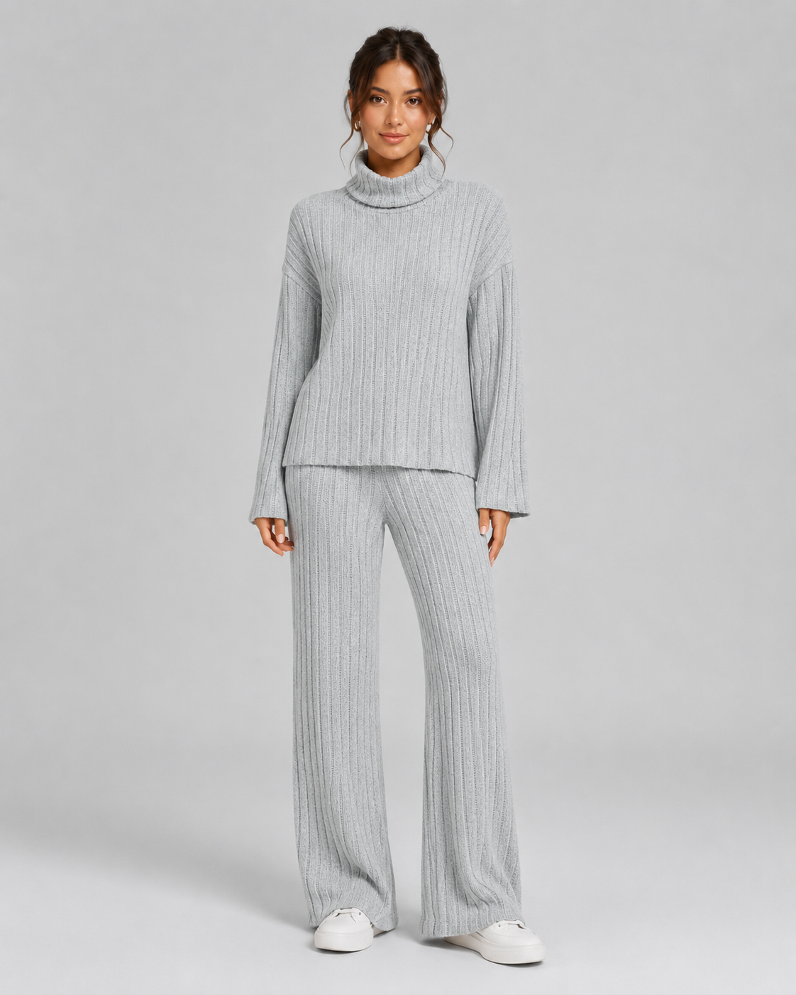 Women's Ribbed Knitted Co-Ord Set With Wide-Leg Trousers